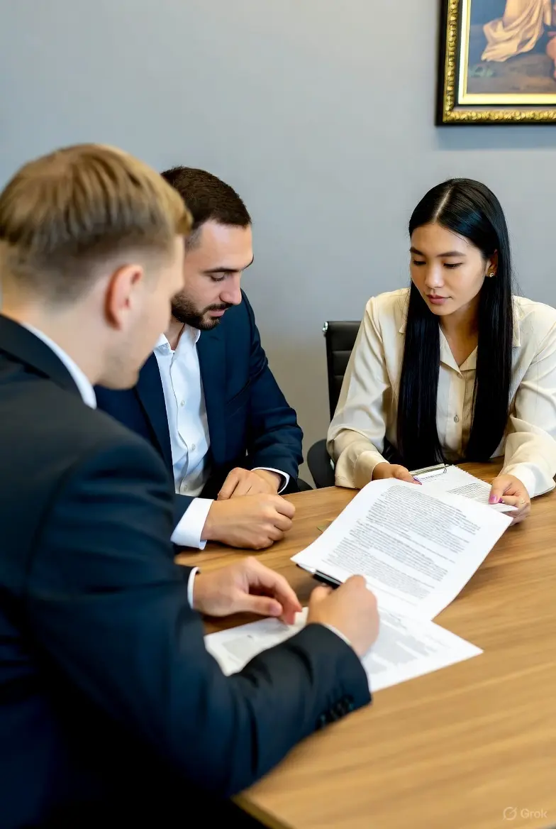 Attorney meeting with clients reviewing divorce home sale options